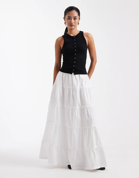  Threadbare Poplin Tiered Maxi Skirt In White 