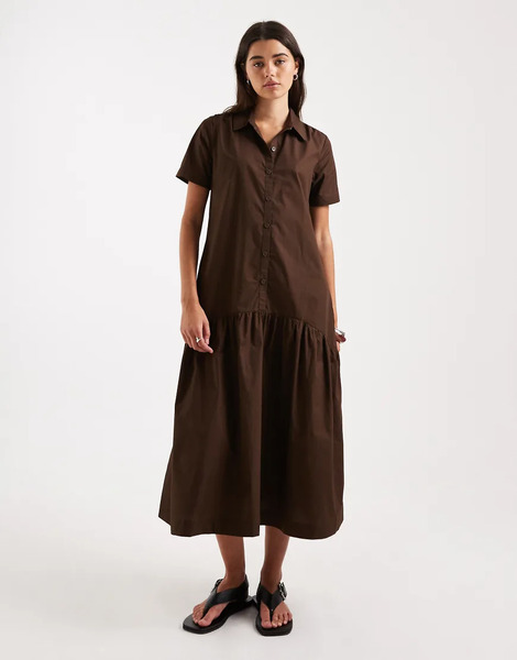  Threadbare Poplin Tiered Midi Shirt Dress In Chocolate Brown Black 