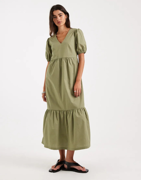  Threadbare Poplin V Neck Puff Sleeve Midi Dress In Olive Green 