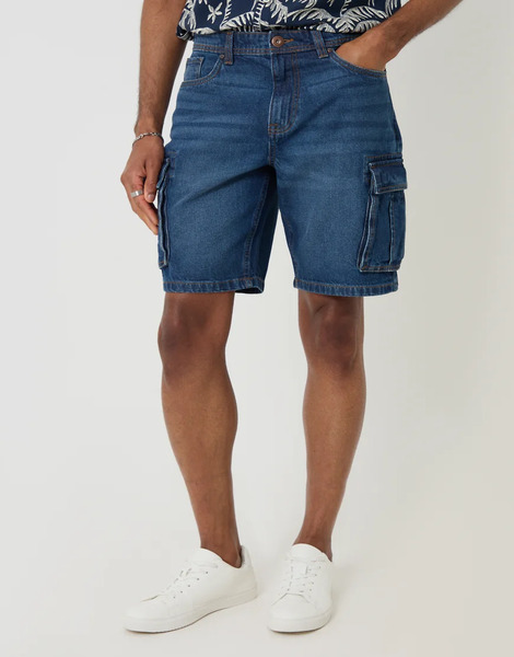  Threadbare Regular Fit Denim Cargo Shorts In Blue 