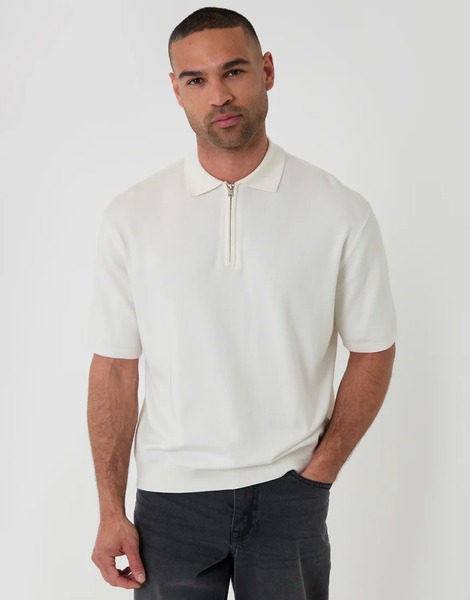  Threadbare Relaxed Fit Knitted Quarter Zip Polo In Natural Neutral 