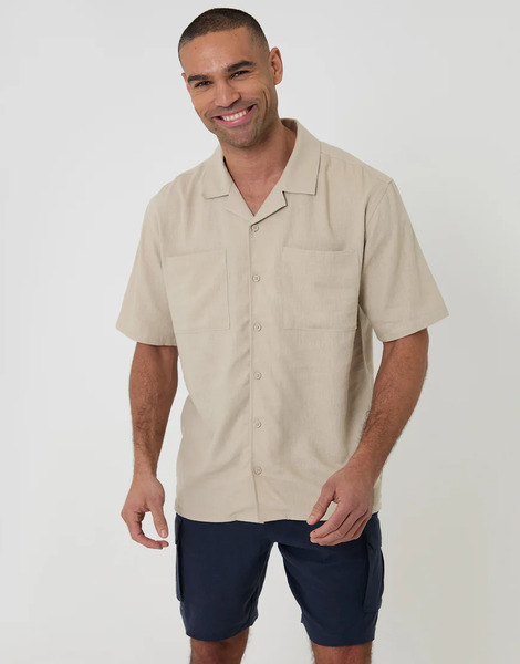  Threadbare Relaxed Fit Linen Blend Short Sleeve Shirt In Stone Neutral 