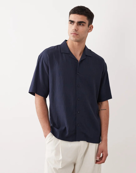  Threadbare Relaxed Fit Linen Mix Short Sleeve Shirt In Navy 