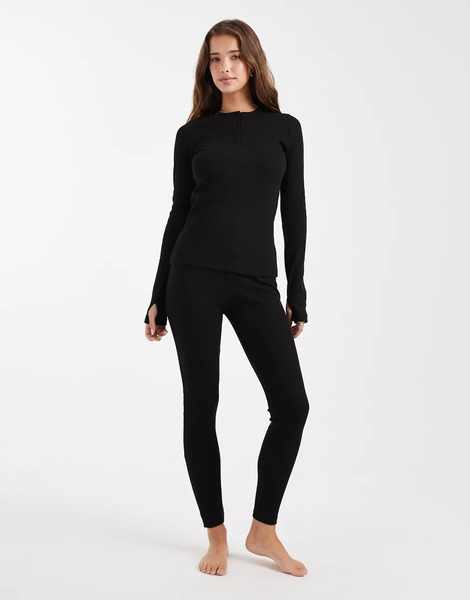  Threadbare Ribbed Button Down Long Sleeve Loungewear Set In Black 