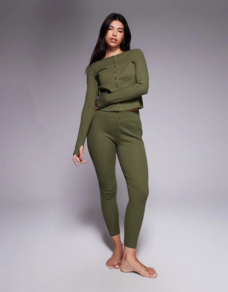  Threadbare Ribbed Button Down Long Sleeve Loungewear Set In Khaki Green 
