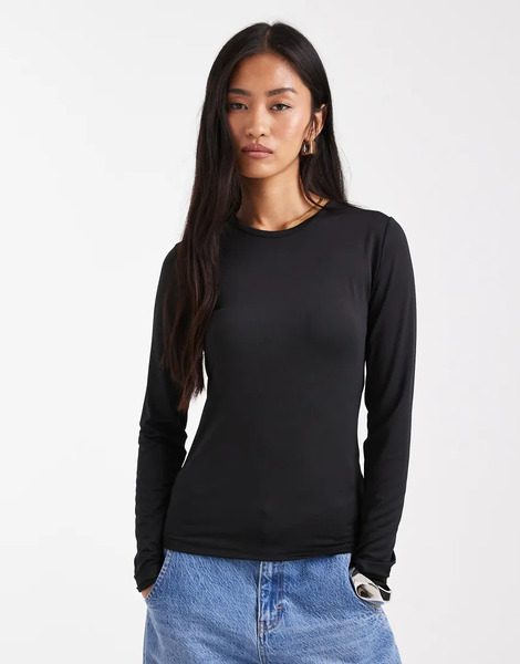  Threadbare Round Neck Long Sleeve Jersey Top In Black 
