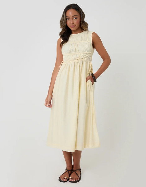  Threadbare Ruched Drawstring Midi Dress In Yellow 