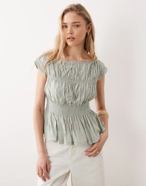  Threadbare Shirred Cap Sleeve Top In Sage Green 