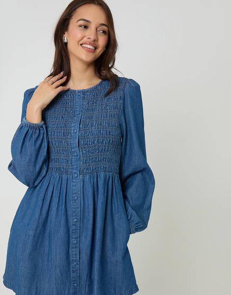  Threadbare Shirred Denim Button Up Mini Dress In Mid Blue 