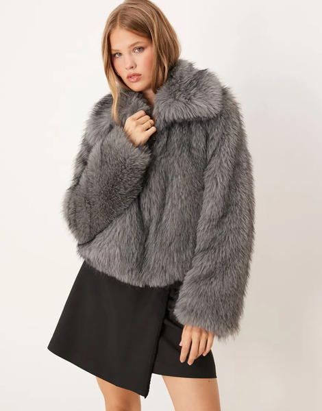  Threadbare Short Fur Jacket With Collar In Grey 