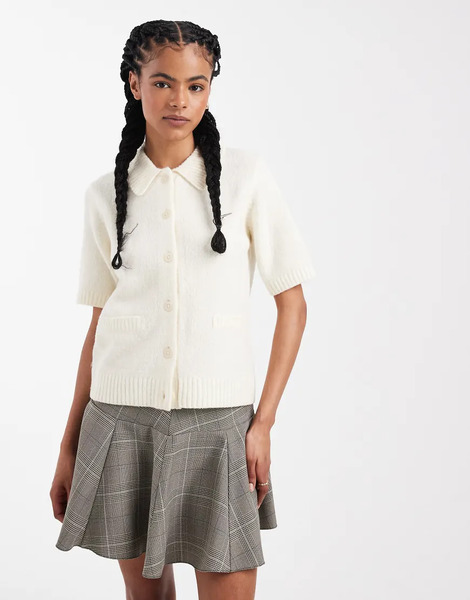  Threadbare Short Sleeve Cardigan With Collar In Ecru White 