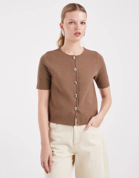  Threadbare Short Sleeve Compact Knit Cardigan With Contrast Buttons In Mocha Brown 