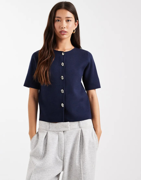  Threadbare Short Sleeve Compact Knit Cardigan With Contrast Buttons In Navy 
