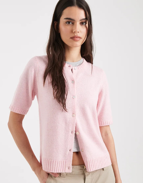  Threadbare Short Sleeve Crew Neck Cardigan In Pale Pink 