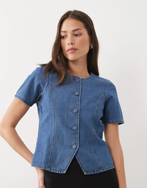  Threadbare Short Sleeve Denim Button Through Top In Mid Wash Blue 
