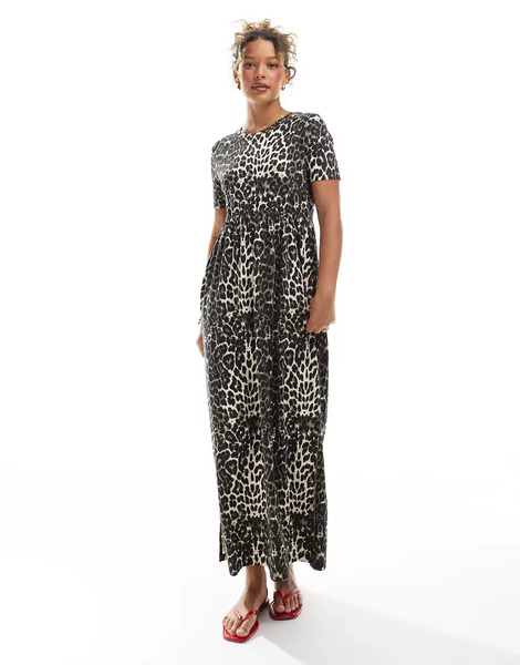  Threadbare Short Sleeve Jersey Midi Dress With Drop Waist In Leopard Print Multi 