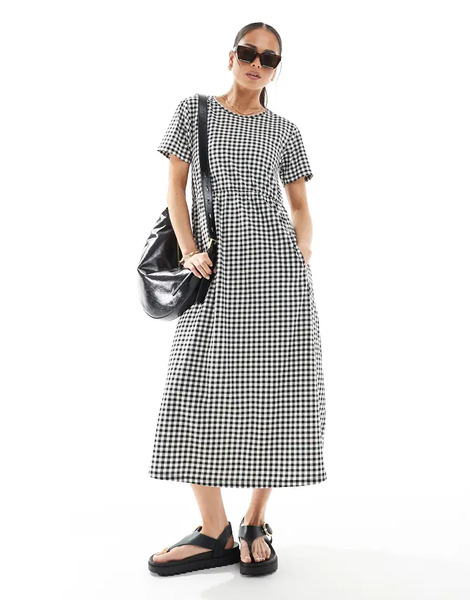  Threadbare Short Sleeve Jersey Midi Dress With Pockets In Black And White Gingham Multi 