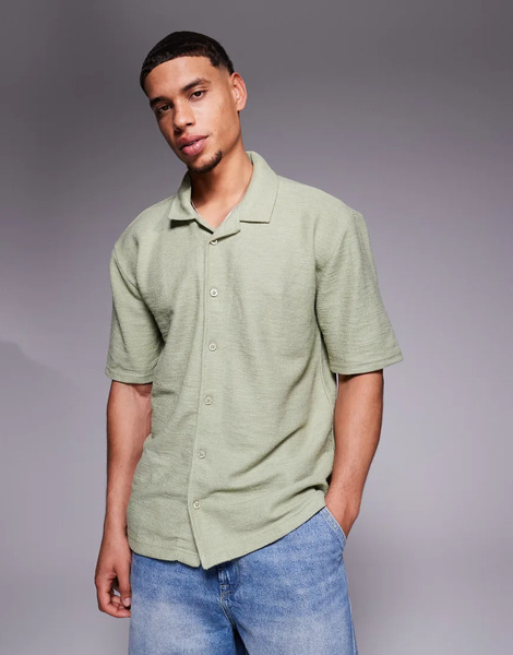  Threadbare Short Sleeve Jersey Textured Shirt In Sage Green 