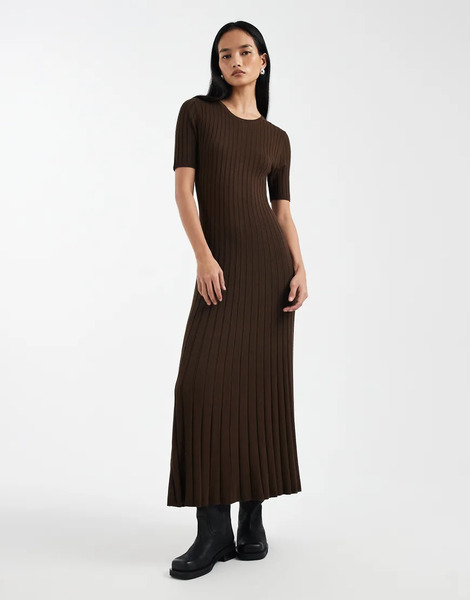  Threadbare Short Sleeve Knitted Maxi Dress In Chocolate Brown 