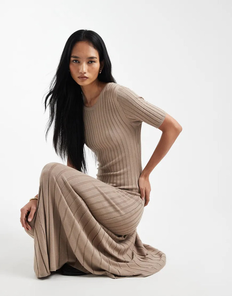  Threadbare Short Sleeve Knitted Maxi Dress In Oat Neutral 