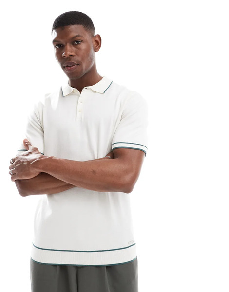  Threadbare Short Sleeve Knitted Polo Shirt In Ecru And Sage Multi 