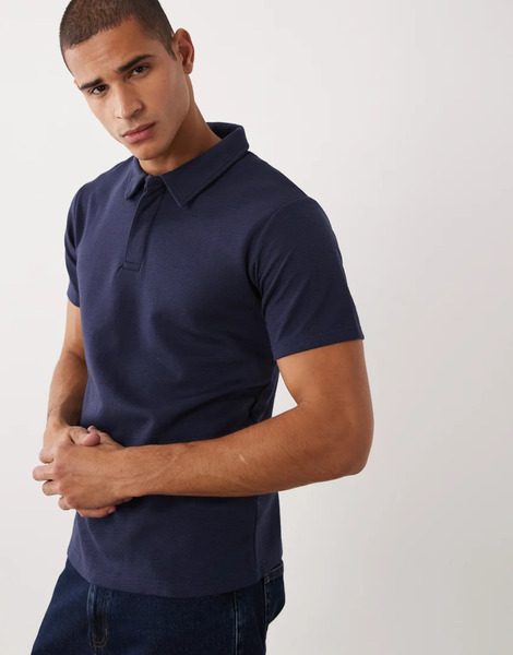  Threadbare Short Sleeve Knitted Textured Polo Top In Navy 