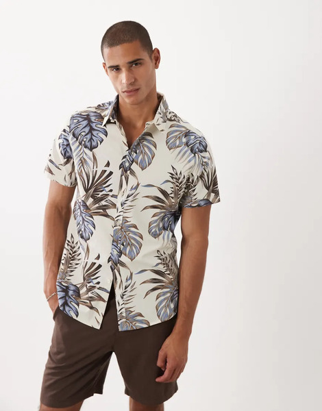  Threadbare Short Sleeve Shirt With Palm Print In Ecru Neutral 