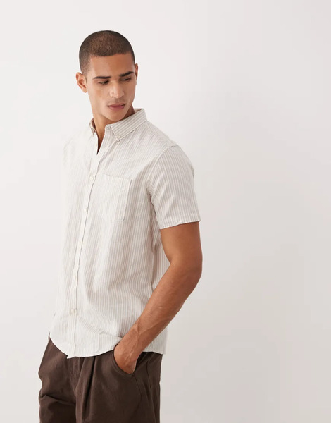  Threadbare Short Sleeve Stripe Shirt In White And Stone Neutral 