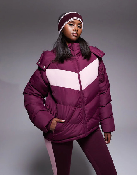  Threadbare Ski Puffer Jacket With Pink Panel Contrast In Burgundy Red 