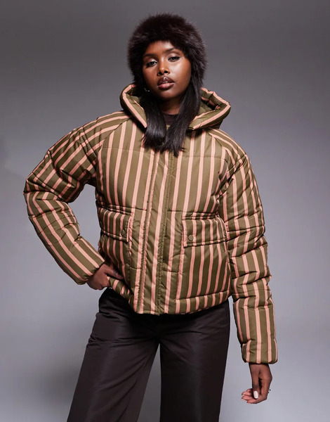  Threadbare Ski Stripe Puffer Coat With Hood In Green And Pink 