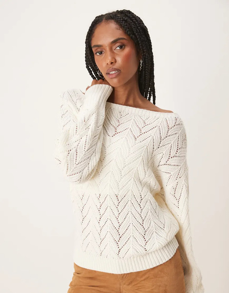  Threadbare Slash Neck Pointelle Knit Jumper In Cream White 