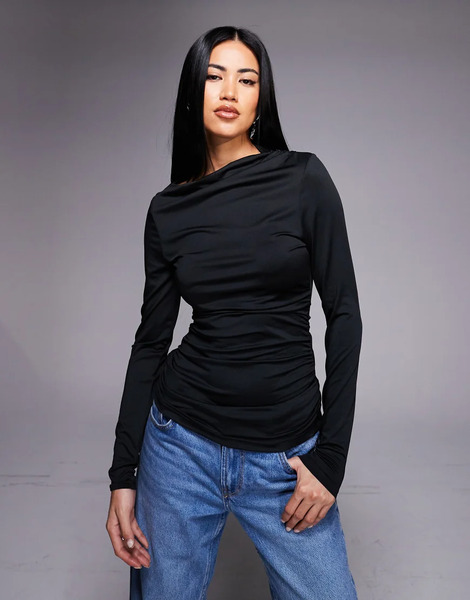  Threadbare Slinky Slash Neck Long Sleeve Top In Black 