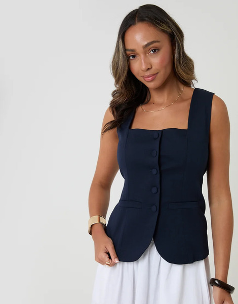  Threadbare Square Neck Tailored Waistcoat In Navy Blue 