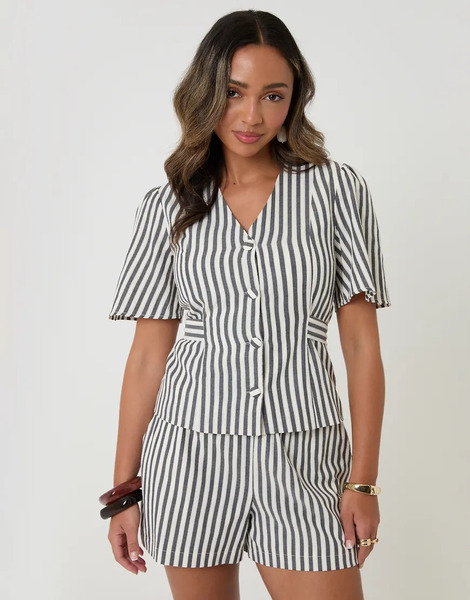  Threadbare Stripe Flutter Sleeve Top In Navy Blue 