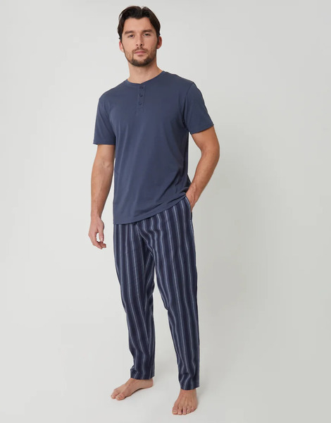  Threadbare Stripe Grandad Fit Pyjama Set In Blue 