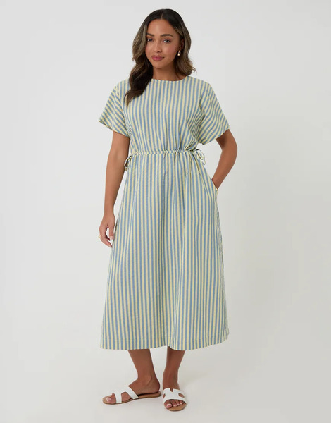  Threadbare Stripe Kimono Sleeve Drawstring Waist Midi Dress In Blue 
