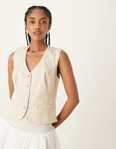  Threadbare Tailored Denim Waistcoat In Ecru White 
