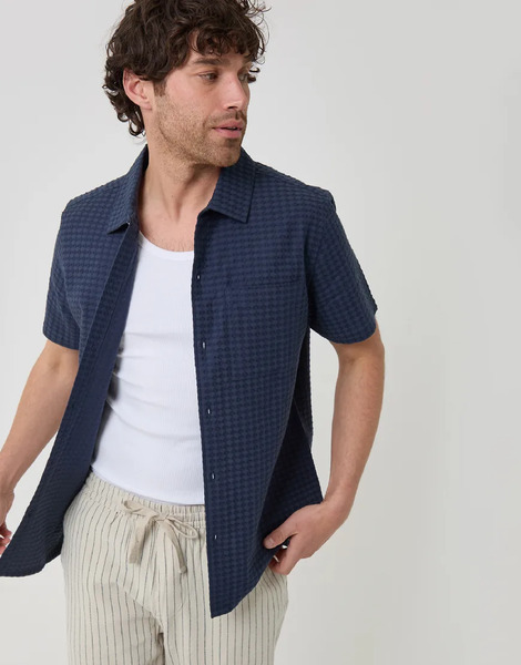  Threadbare Textured Cotton Short Sleeve Shirt In Navy 