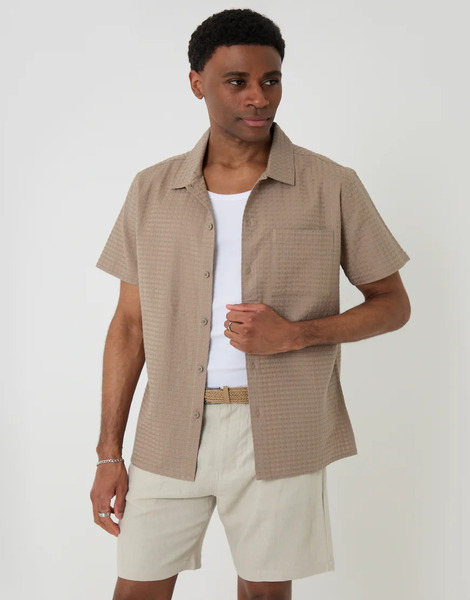  Threadbare Textured Cotton Short Sleeve Shirt In Taupe Neutral 