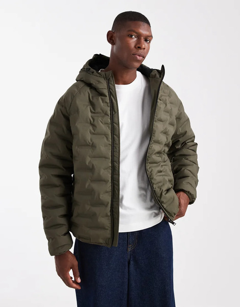  Threadbare Textured Puffer Coat With Hood In Khaki Green 