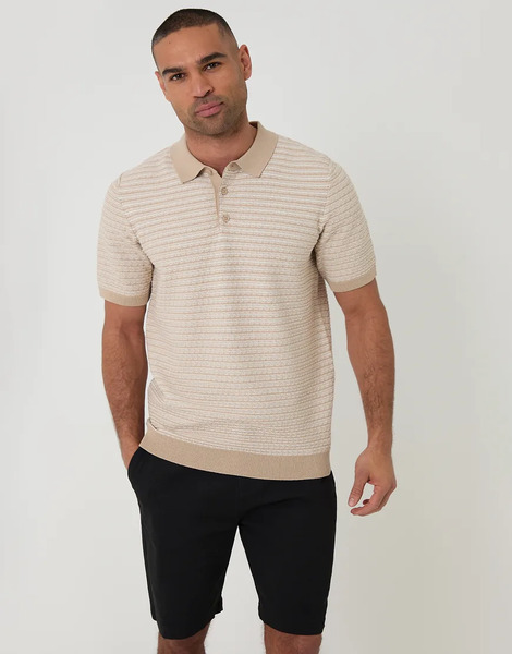  Threadbare Textured Stripe Short Sleeve Knitted Polo In Stone Neutral 