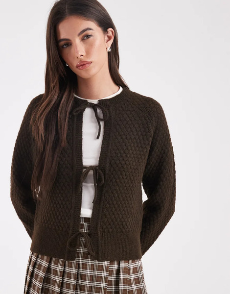  Threadbare Tie Front Knitted Cardigan In Chocolate Brown 