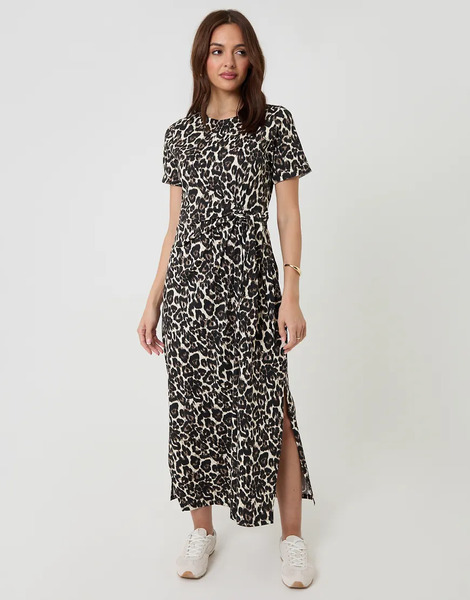  Threadbare Tie Front Side Split Cotton Jersey Midi Dress In Tan Brown 