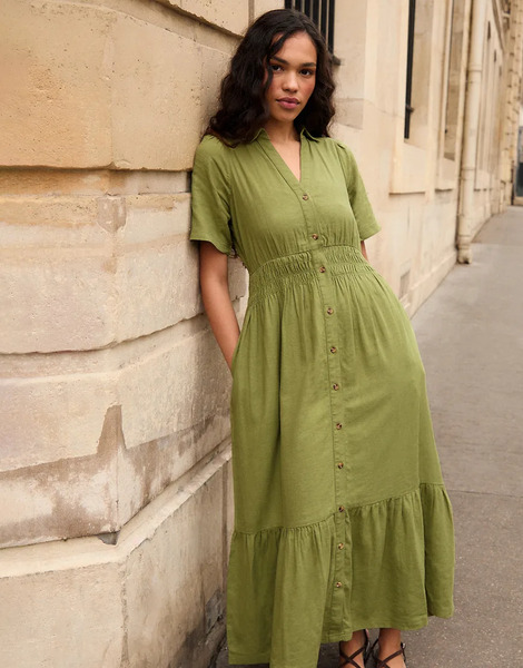  Threadbare Tiered Linen Blend V Neck Maxi Dress In Olive Green 