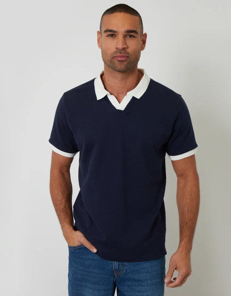 Threadbare Trophy Neck Waffle Polo Shirt In Navy 