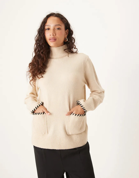  Threadbare Turtleneck Jumper With Pocket Front Detail And Contrast Stitching In Ecru White 