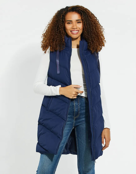  Threadbare 'vamp' Longline Padded Gilet In Navy Blue 
