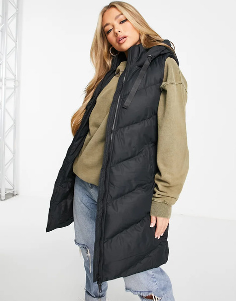  Threadbare Vamp Longline Padded Gilet With Hood In Black 