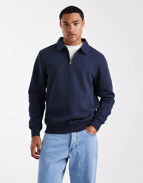  Threadbare 1/4 Zip Fleece Sweatshirt In Navy 