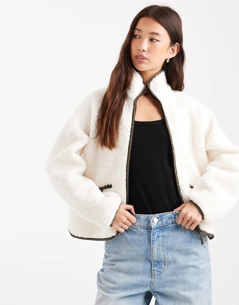  Threadbare Zip Front Borg Fleece With Back Panel In Ecru And Khaki White 